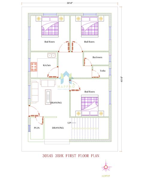 30x45 North Facing House Plan 3 Bhk Plan 087 Happho