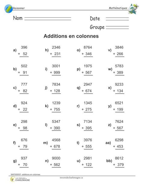 Additions En Colonnes Trésors De Charlemagne Exercice Math Ce2
