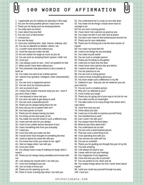 100 Words Of Affirmation Love Language Free Printable List Words Of Affirmation Types Of