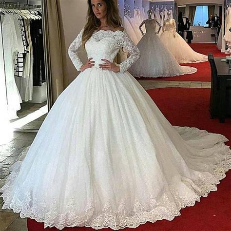 Lp1245 Off The Shoulder Long Sleeves Lace Ball Gown Wedding Dress Prin