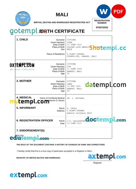 Mali Vital Record Birth Certificate Word And Pdf Template Completely
