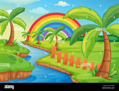 Rainbow Scenery Drawing Waterfall Easy Rainbow And Waterfall Scenery