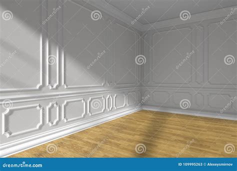 Empty White Room Corner With Molding And Parquet Floor Stock