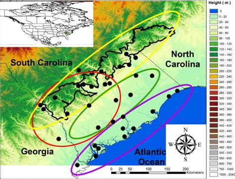 Topographic Map Of The Carolinas Region The Sandhills Is Identified By