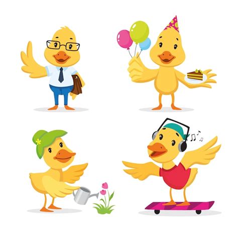 Free Vector Cute Duckling Enjoying Different Actions Cartoon