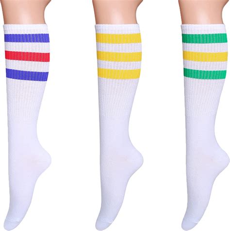 Henwarry 3 Pairs Classic Triple Stripes Over The Calf Cotton Retro Tube Socks For Men And Women