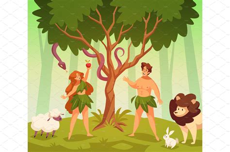 Adam And Eve Bible Story Scene Animal Illustrations Creative Market