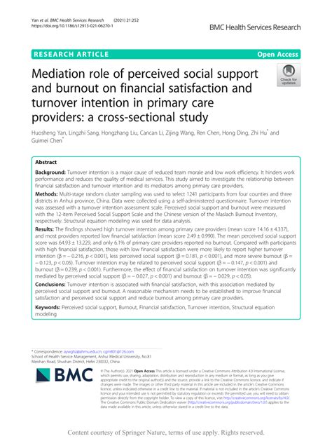 Pdf Mediation Role Of Perceived Social Support And Burnout On