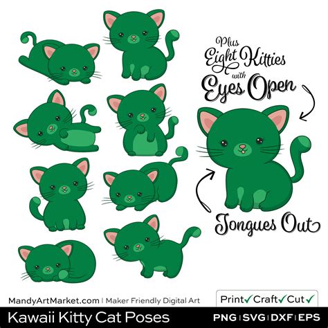 Emerald Green Kawaii Kitty Cat Poses Clipart Examples Mandy Art Market