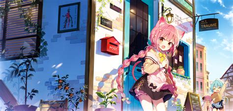 Animal Ears Bloomers Blush Bow Braids Brown Eyes Building Catgirl City