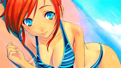 Papel De Parede Ilustração Ruiva Cabelo Longo Anime Meninas Anime Olhos Azuis Olhando