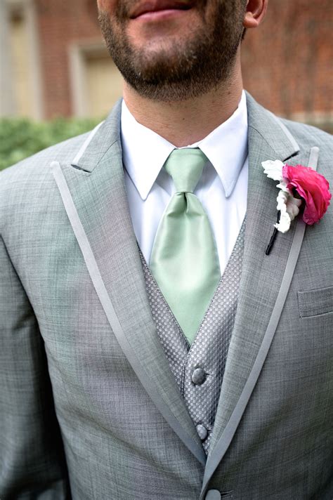 Gray Wedding Suit With Mint Tie And Fuchsia Boutonniere Grey Suit