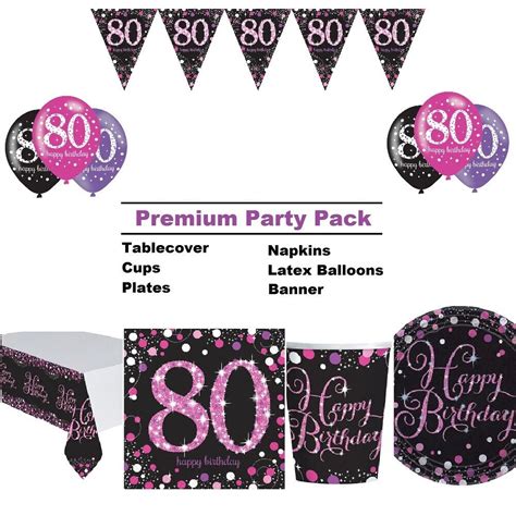 80th Pink Sparkling Celebration Birthday Age Tableware Decorations And