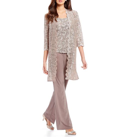 R And M Richards 3 Piece Sequin Glitter Scallop Lace Scoop Neck 34 Sleeve Duster Pant Set