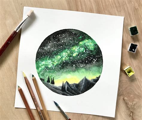 Original Watercolor Painting Handmade Gem Green Galaxy Circle The
