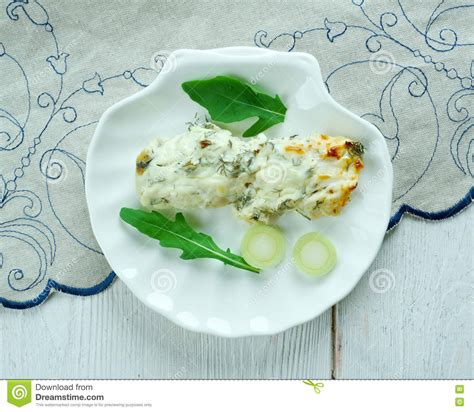 Baked Cod With Cream Sauce Stock Photo Image Of Onion 71916568