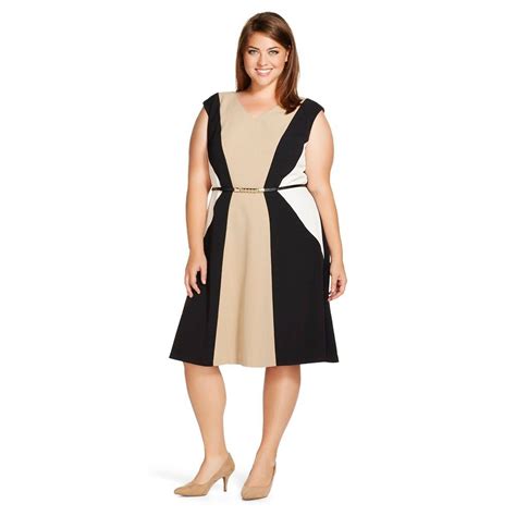 Womens Plus Size Colorblock Fit And Flare Dress Neutralblackoff White