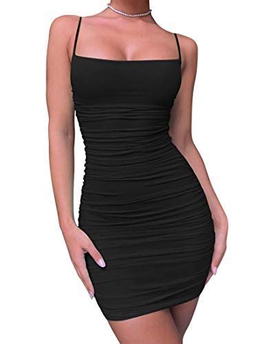 Kaximil Womens Sexy Bodycon Spaghetti Strap Ruched Mini Club Dresses Club Dresses Black