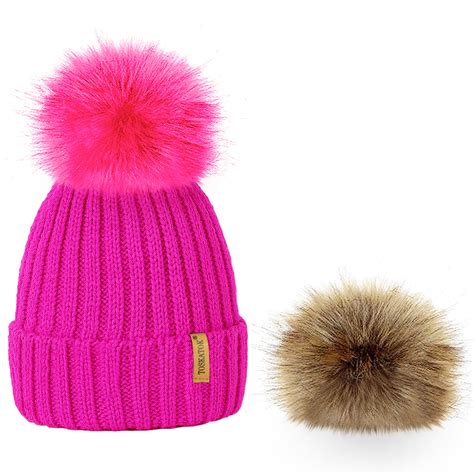 Ladies Womens Winter Knit Rib Beanie Hat Interchangeable Large Faux Fur