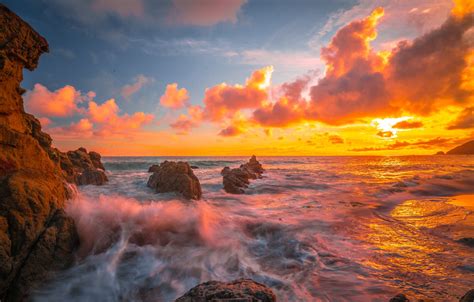 Wallpaper sunset, the ocean, rocks, CA, Pacific Ocean, California, The ...