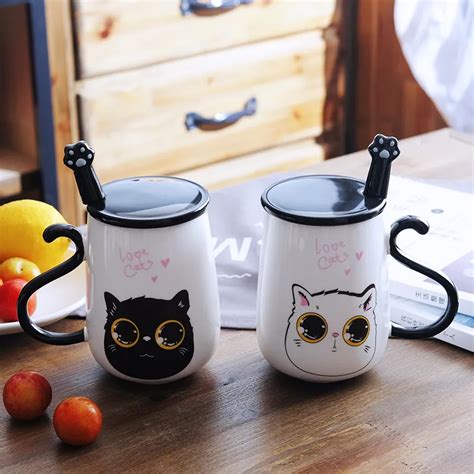 16oz Cute Cat Coffee Mug Ceramic Milk Mug Tea Cup With Handle Lid And Stainless Steel Paw Spoon