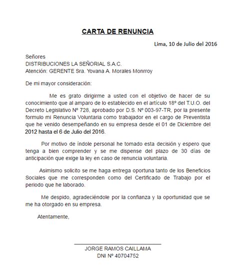 Modelo De Carta De Renuncia Peru Con Exoneracion De 30 Dias Financial