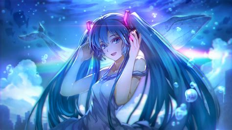 Vocaloid Hatsune Miku Headphones Smiling Twintails Anime Miku