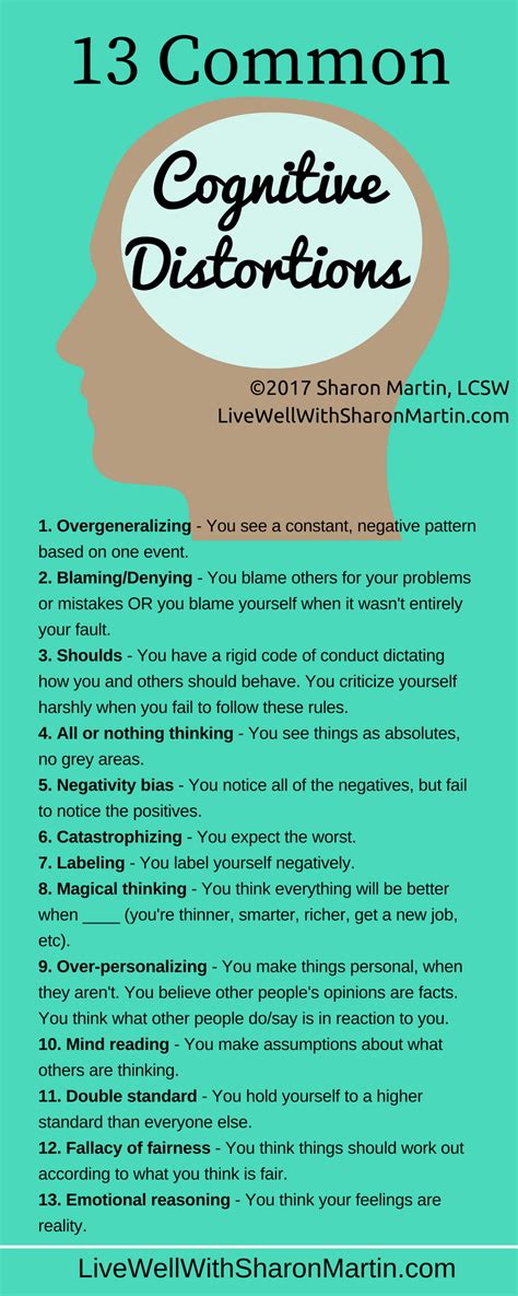 Cognitive distortions are irrational thoughts that influence our emotions. 13 Common Cognitive Distortions - Live Well with Sharon Martin