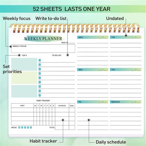 Undated Weekly Calendar Pad With Pendesk Planner Weekly To Do List