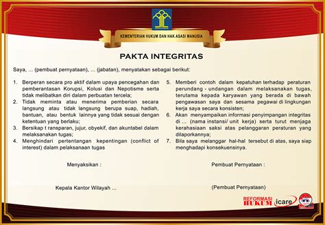Pakta integritas, merupakan pernyataan tertulis yang berisi penegasan bahwa pengambilan keputusan senantiasa berdasarkan prinsip kemandirian (independency), penuh. Pembentukan Tim Kerja Pembangunan Zona Integritas (ZI ...