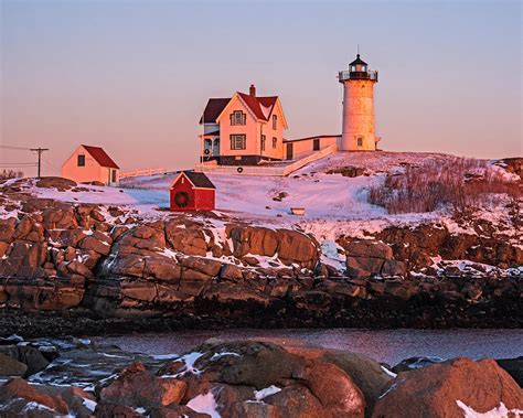 York Maine Nubble Lighthouse Sunset Winter Snow Photograph By Toby