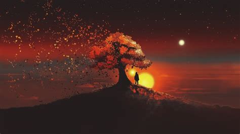 Sunset Trees Scenery Illustration Digital Art Landscape 4k 4