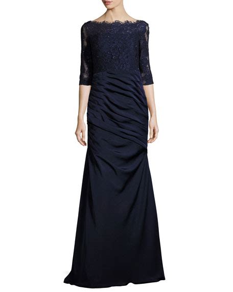 La Femme 34 Sleeve Lace And Jersey Gown Navy Neiman Marcus