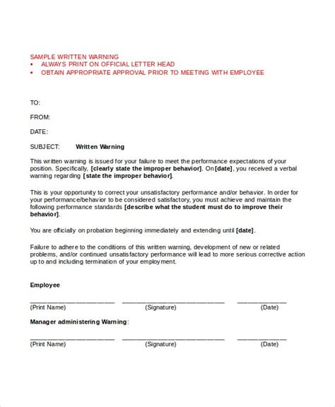 Employee warning letter sample for final warning with poor performance or sample performance warning letter format for employee to send notice. Warning Letter Template - 9+ Free Word, PDF Document ...