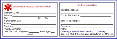 Medicalidcard Free Printables Medical Emergency Medical