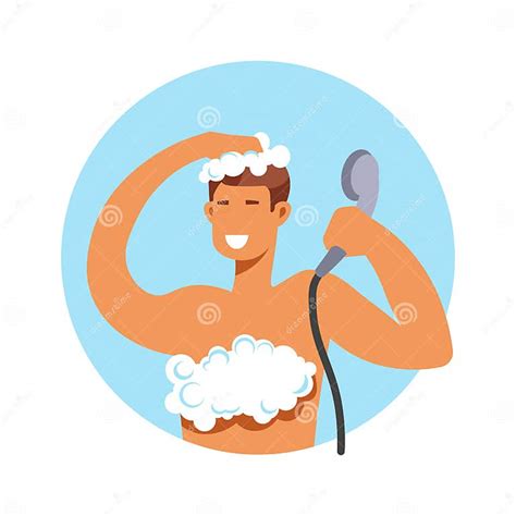 Taking Shower Man In Foam Washing Hair And Body Stock Vector