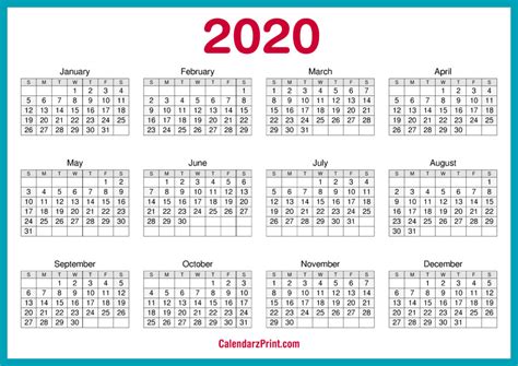 2020 Calendar Printable Free Horizontal Hd Turquoise Blue
