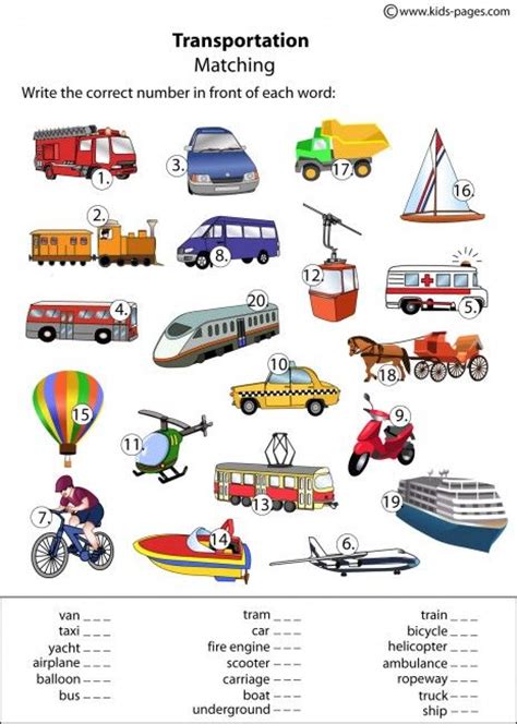 Transportation Matching Worksheet Vocabulary English