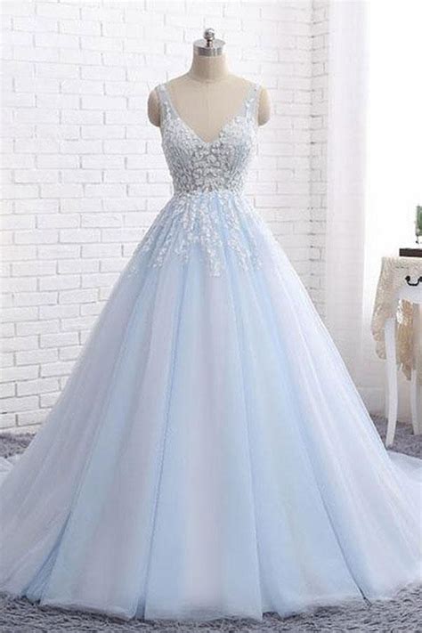 Light blue wedding dress or dark blue? Light Blue V Neck Sleeveless Ball Gown Wedding Dress ...