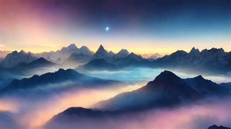 Wallpaper Mountains Mist Stars Sunset Glow Colorful Sunrise