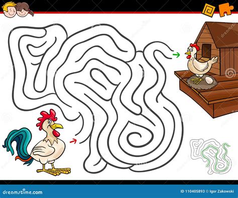 Cartoon Maze Activity With Rooster And Hen Stock Vector Illustration