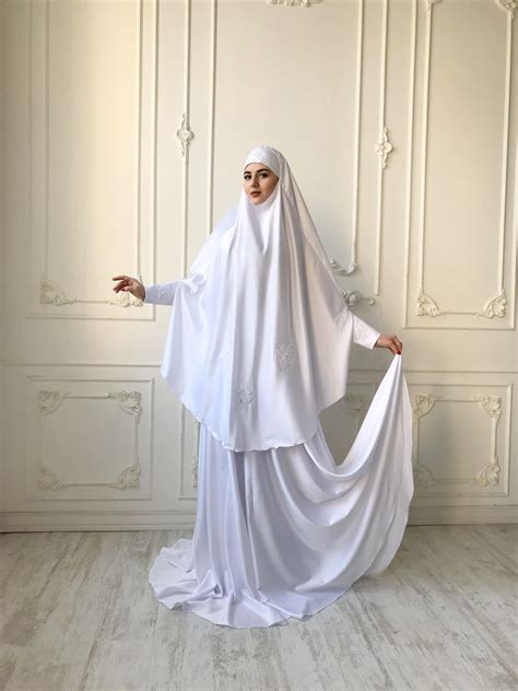 Elegant White Muslim Suit Silk Bridal Jilbab Wedding Khimar