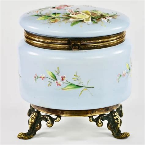 Large Antique Victorian Era Trinket Box Opaline Glass Impasto Flowers Hinged Lid 275 00 Picclick