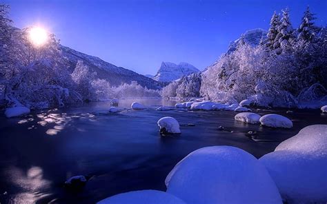 Mountain And Lake In Winter River Winter Frost Scene Landscape