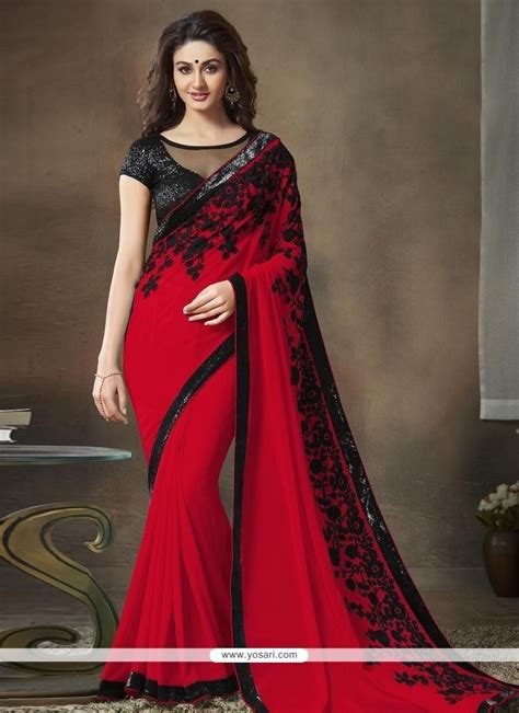 Red Faux Georgette Classic Designer Saree Party Wear Sarees Saree Designs Traditional Dresses
