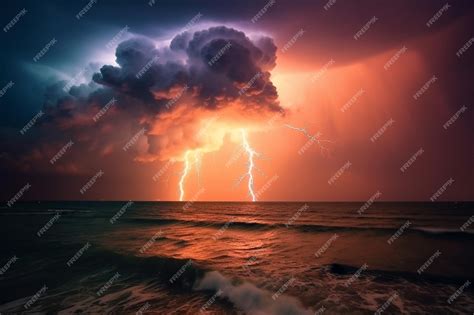 Premium Ai Image A Lightning Storm Over The Ocean With A Purple Cloud