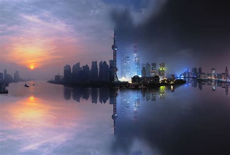 Night City Skyscraper Building Reflection China Graphy Shanghai