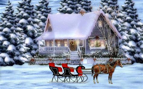 Download Tree Snow Winter House Sleigh Reindeer Holiday Christmas Wallpaper