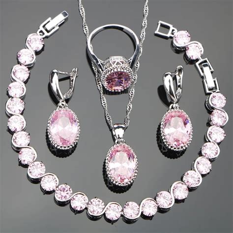 Pink Zircon Silver Costume Jewelry Sets Women Bracelets Pendant