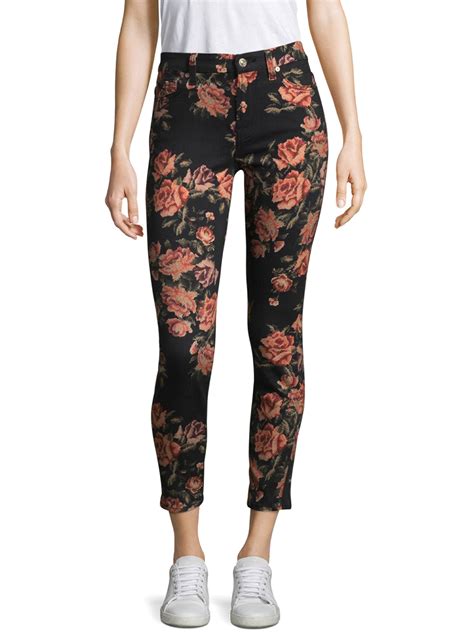 Lyst For All Mankind Cotton Floral Print Jeans In Black